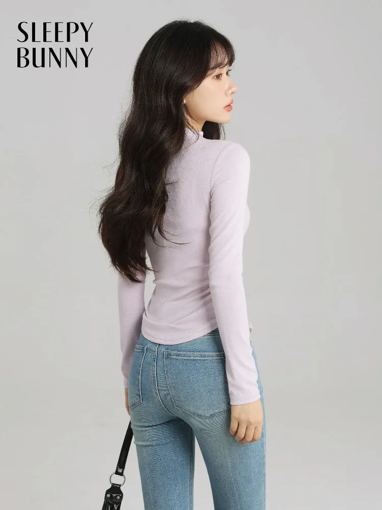 

Women Lady Wool Slim Long Sleeve Top Soft Half Mock-Neck Tee Ruched Waist Detail Warm Elegant Basic T-Shirt Stylish Spring Wear