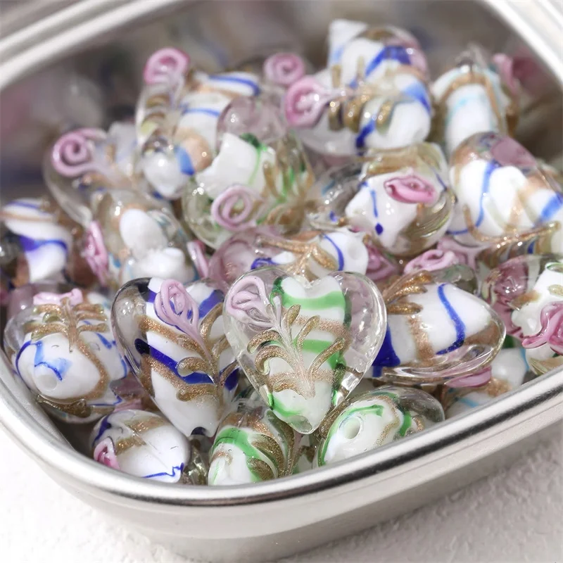 New 40pcs/lot 15.5*15.9mm color flowers pattern cartoon hearts shape glass straight hole beads di jewelry garment hair accessory