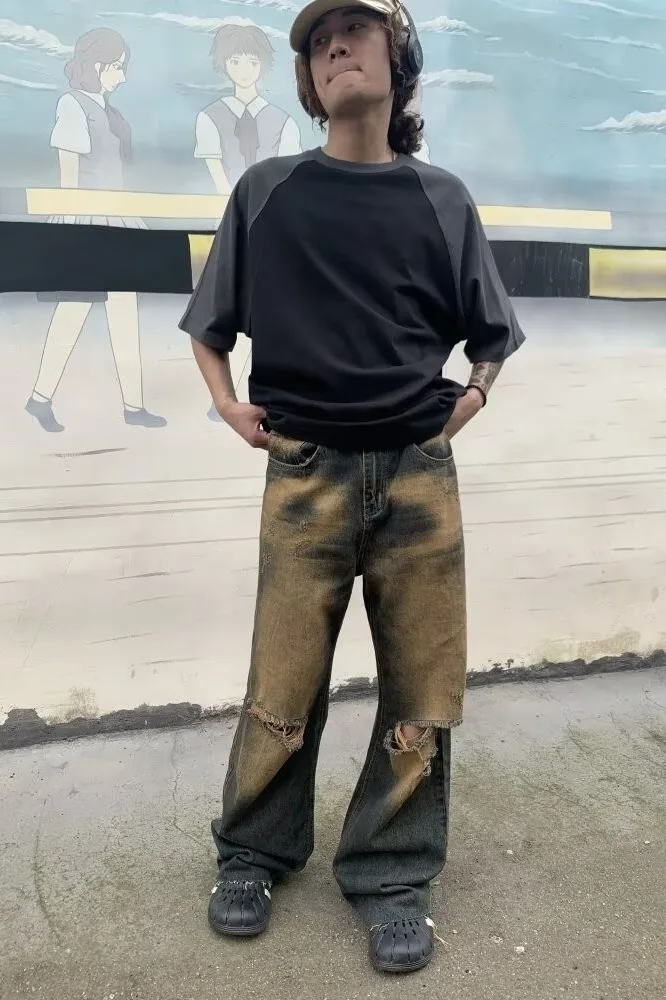 

Retro American Style Men's Jeans Ripped Jeans Men Women's Loose Fit Wide Leg Straight Pants Casual Loose Fit man pants y2k jeans