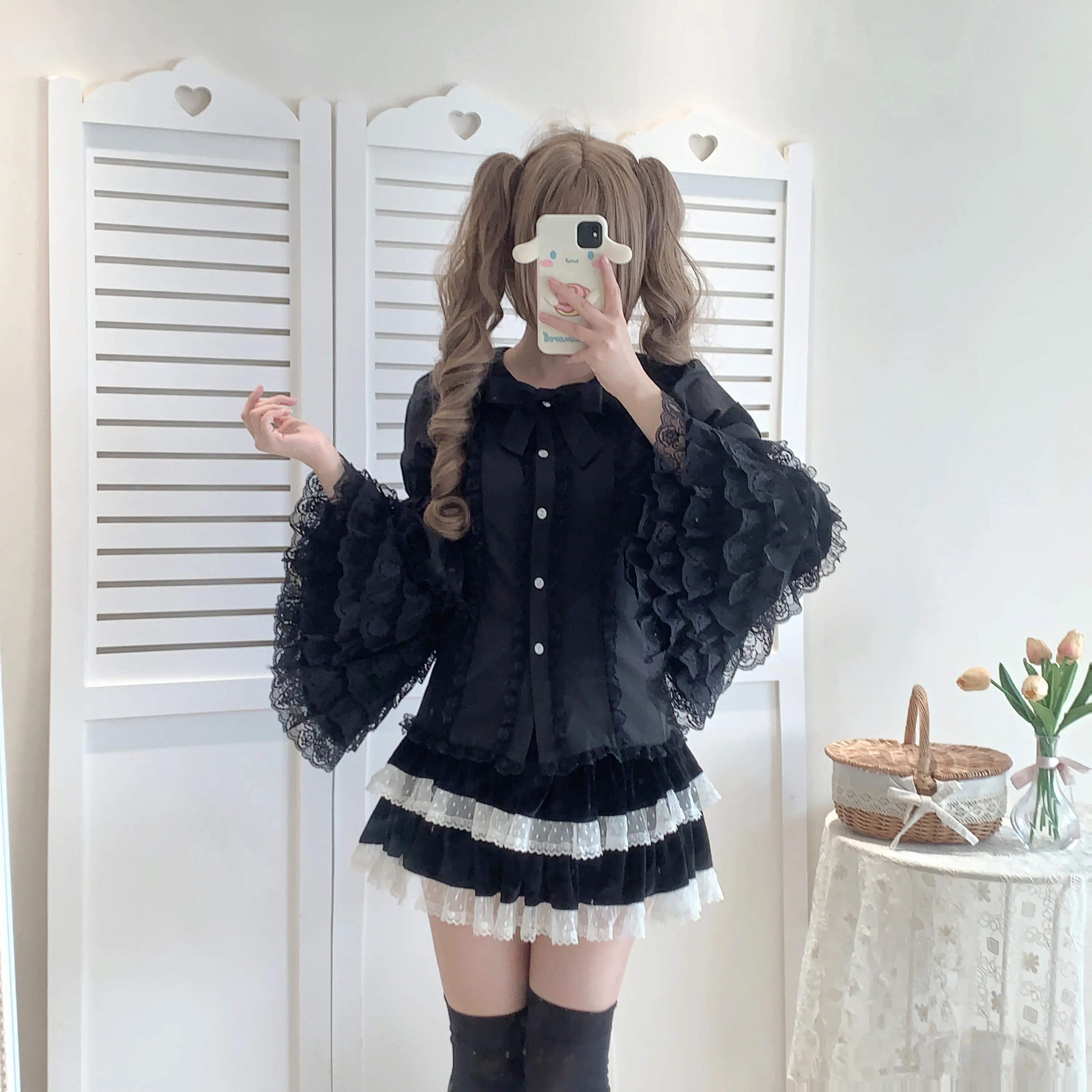 Lolita Long Flared Sleeve White Bow Versatile Bottoming Shirt Spring Autumn Girl Elegant Lace Solid Color Heavy Industry Top