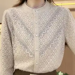 Women's Autumn and Winter New Fashion Elegant Solid Lace Round Neck Button Straight Fit Long Sleeve Casual Cardigan Bottom Tops