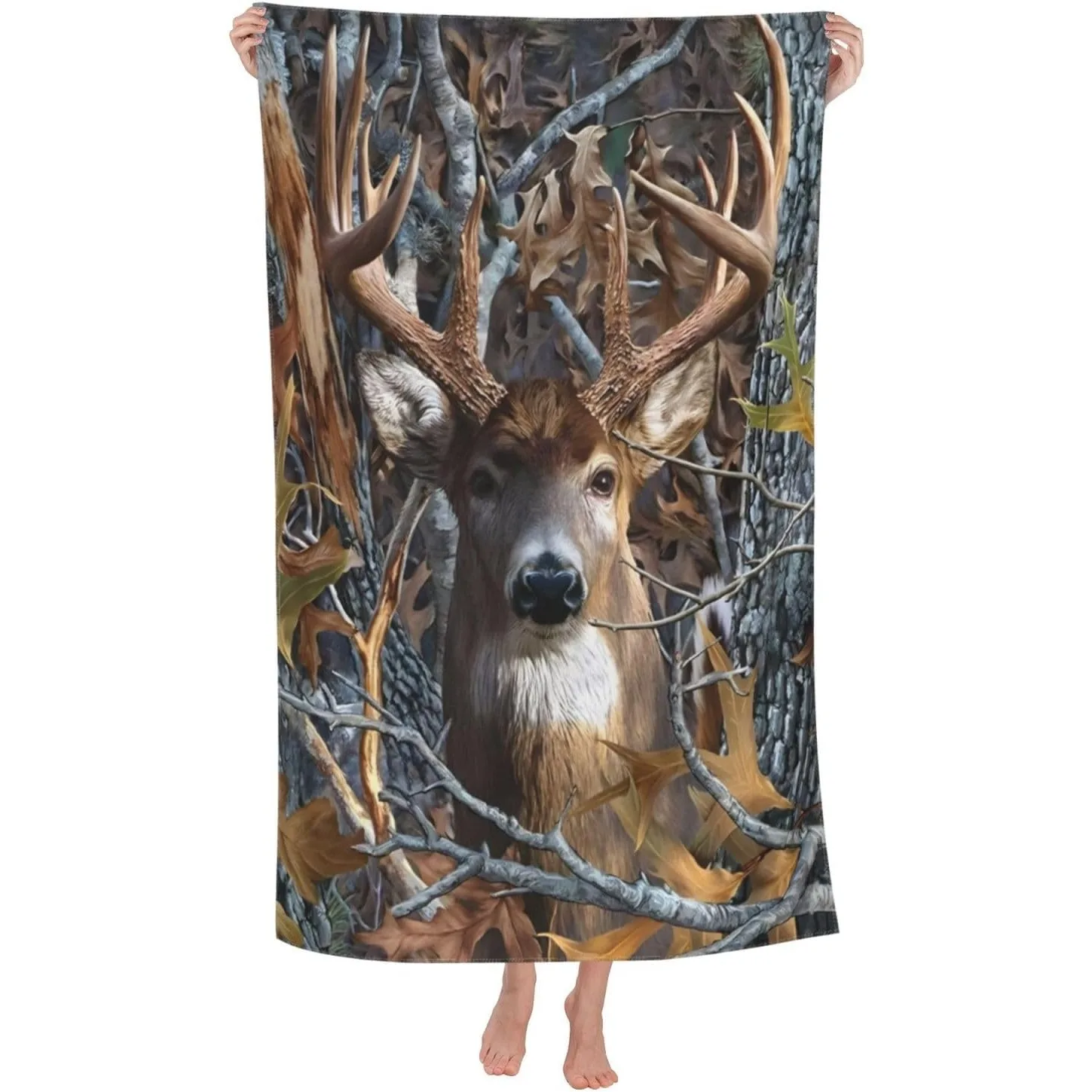 Camo Buck Deer Beach Towel Aldult Quick Dry Camping Bathroom Towel Absorbent Thin Lightweight Beach Blanket for Sports Travel