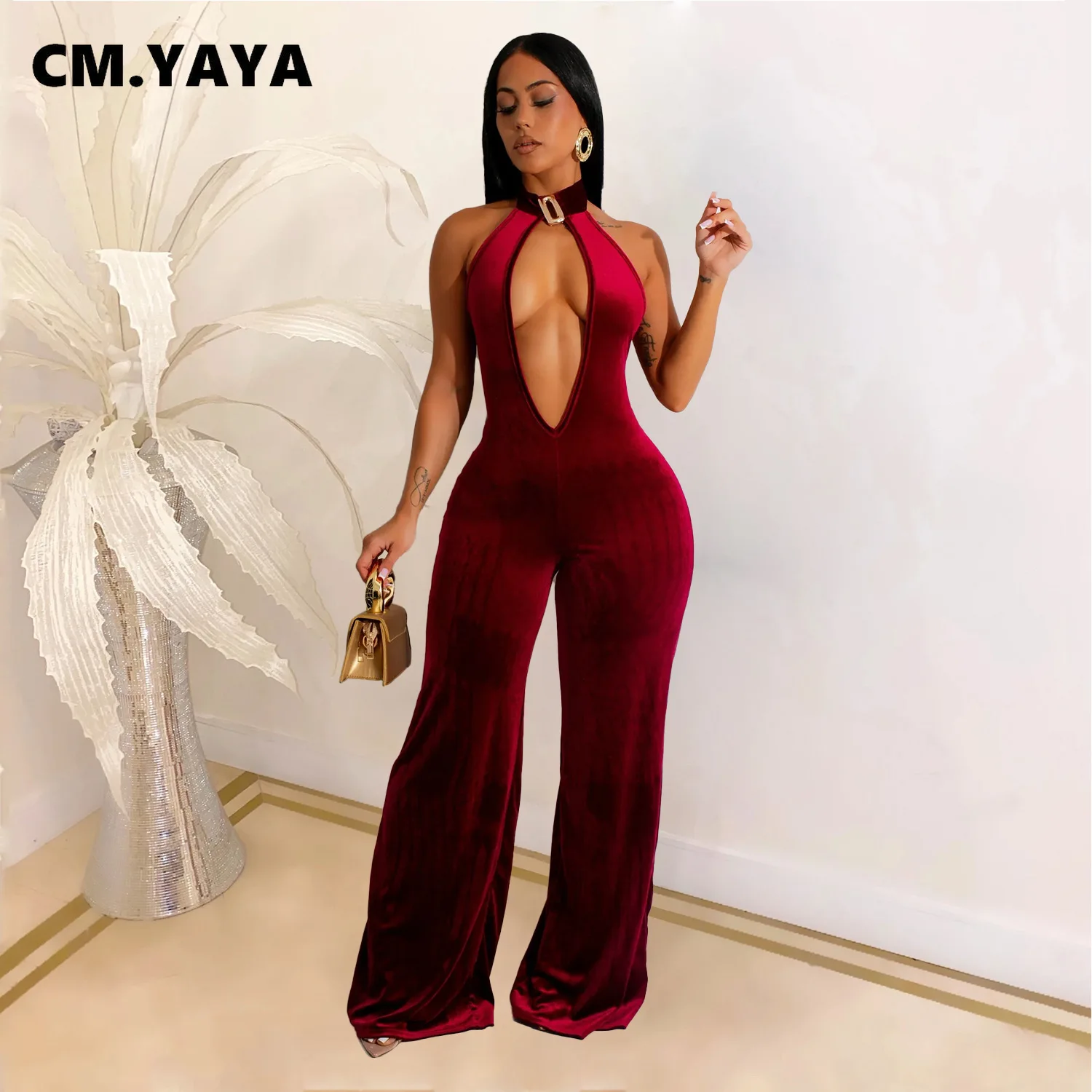 CM.YAYA 2024 Autumn Women V-neck Halter Jumpsuits Wedding Velvet Evening Backless Romper Night Club Party Sleeveless One Piece