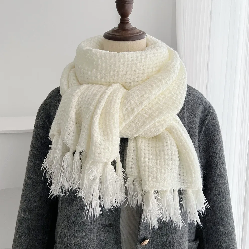 Elegant Waffle Winter Cashmere Scarf Solid Color Thickened Wool Scarves Warm with Tassel Pashmina Shawl Wrap Gifts