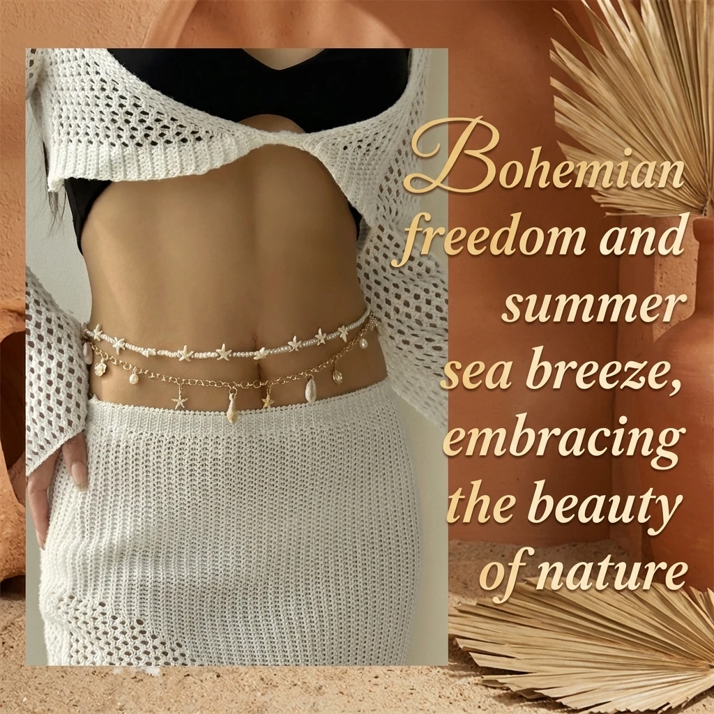 Mehrschichtige Boho Harz-Seestern-Bauchkette für Damen mit Kunstperlen und Muscheln – Taillenschmuck für Sommer, Strandurlaub und Resort – Detail 1