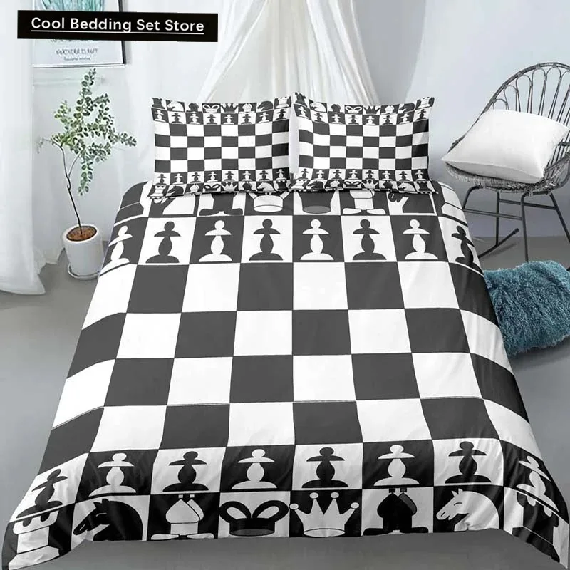 

International Chess King Queen Duvet Cover Chess Board Bedding Set Black White Grid Quilt Cover Plaid Polyester Comforter Cover