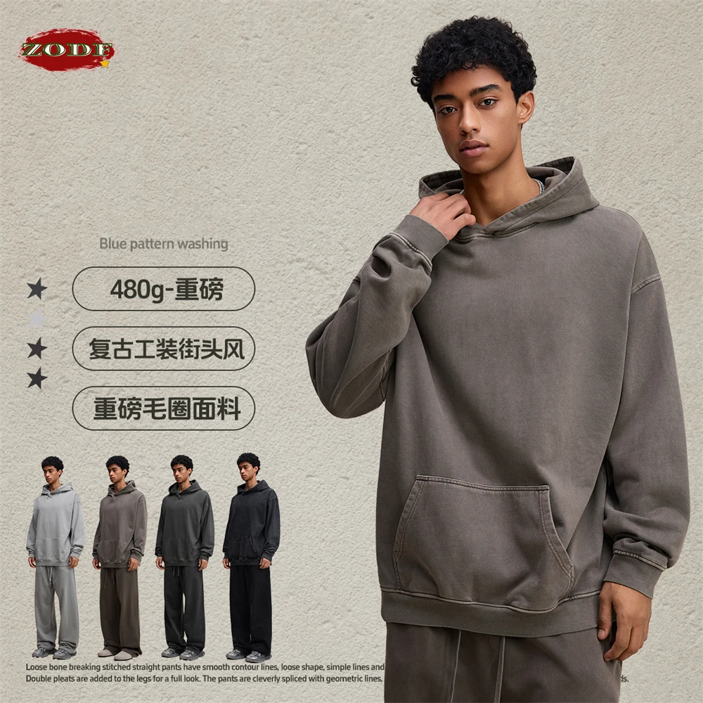 ZODF Retro Heavy Weight 480gsm Cotton Hoodies For Man Unisex Oversized Washed Distressed Hooded Pullovers Brand Coats HY1115