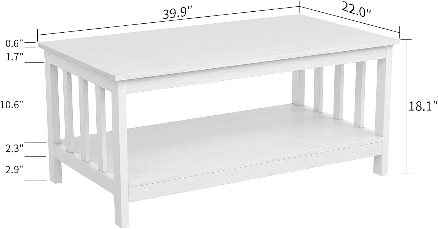 ChooChoo Farmhouse Coffee Table, Pure White Living Room Table with Shelf, 40 Inch