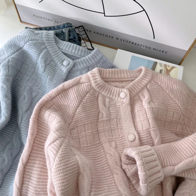 

2025 Autumn Sweet Women's Sweater Cardigan Korean Style Sold Color Twist Knit Knitwear Female Loose All-match Sweater Jacket