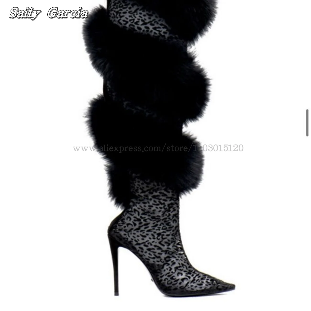 

Fur Black Leopard Sheeoskin Knee High Modren Boots Size 35-44 Back Zipper Lady Boots Pointed Toe Plush Twine 12CM Heel Boots