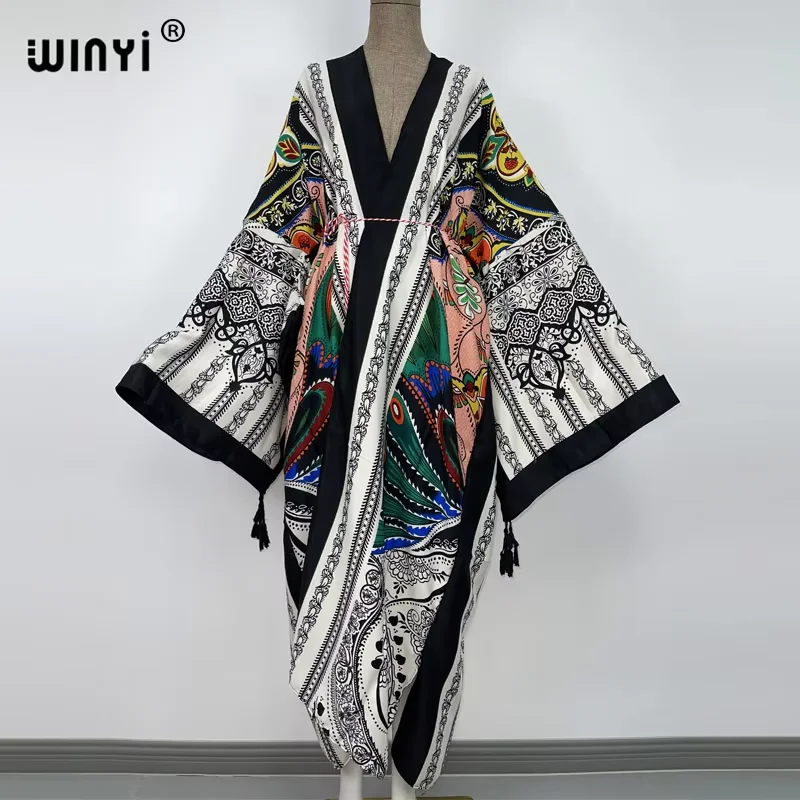 WINYI Summer Kimono Print Coat Long Sleeve Cardigan Abaya Muslim Woman Cover Up Boho Dress Kaftan Abaya Dubai Luxury Caftan