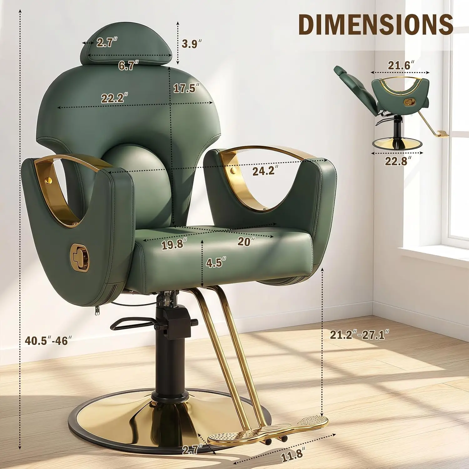 Salon Chair for Hair Stylist, Barber Salon Chair Reclining Hairdresser Chair with Hydraulic Pump, 360 Swivel Styling Braiding Chair for Home Barbershop, Tattoo, Shampoo, Spa, Green Gold - view 3