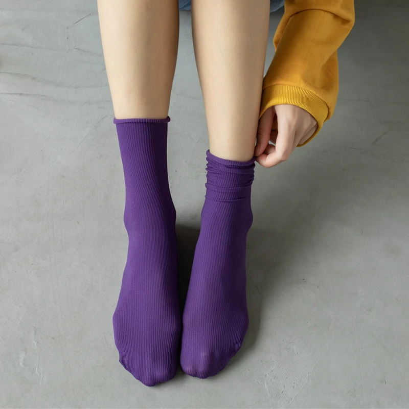 Calcetines largos de algodón a rayas para mujer, medias sueltas de estilo Harajuku japonés, de colores sólidos, con agujas