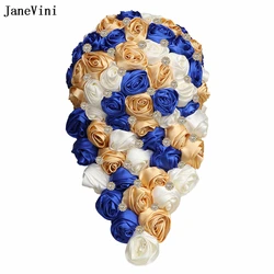 JaneVini Royal Blue Ivory Wedding Flowers Waterfall Bridal Bouquets Crystal Artificial Cascading Bouquet Accessories for Bride