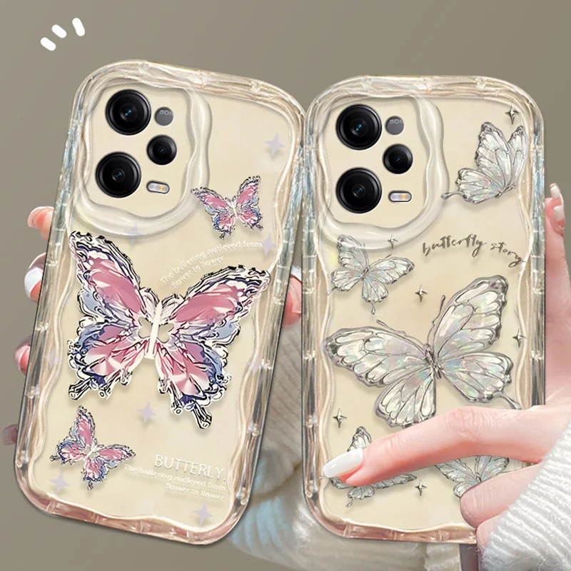 Glitter Metal Butterfly 3D Wave Case For Xiaomi Redmi Note 13 12 11 Pro Plus 4G 5G 12S 11S 10 10S 9 9S 8 13C 12C 10C Turbo 3