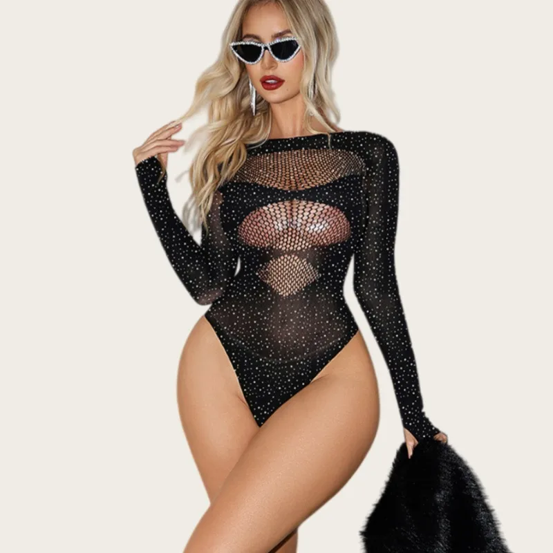 Sexy Rhinestone Long Sleeve Bikini Bodysuit Women's Lingerie Sets Cutout Fishnet Mesh Sheer One Piece Clubwear Exotic Teddies