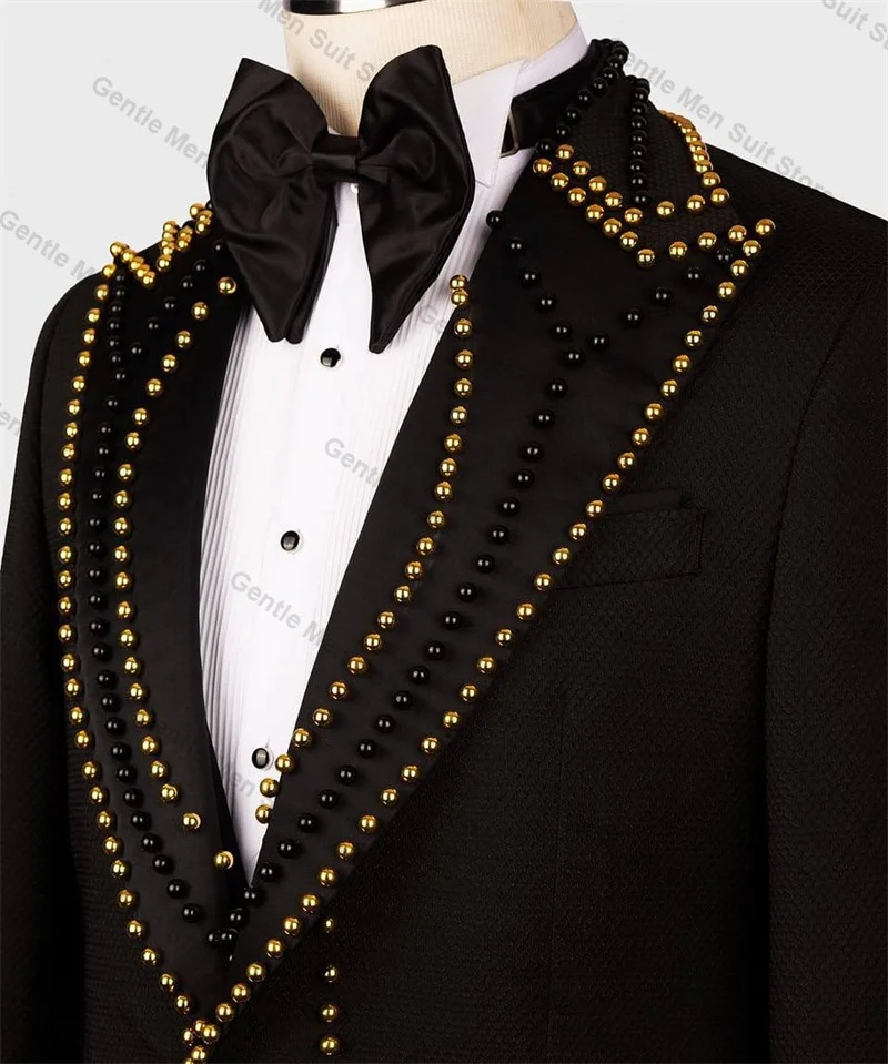 Trajes de lujo con cristales para hombre, chaqueta de algodón negro de 2 piezas + Pantalones, esmoquin para boda, abrigo para graduación, chaqueta Formal de oficina personalizada