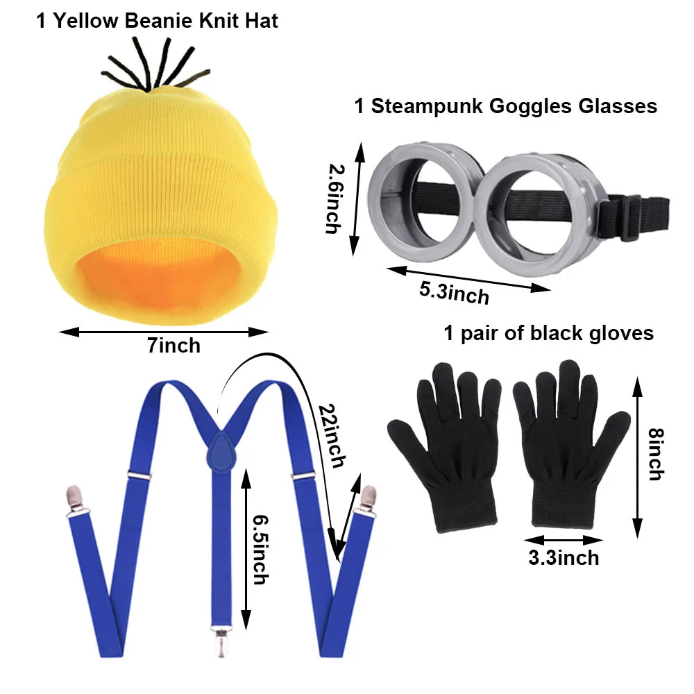 Venta caliente Anime Minions Cosplay disfraces de fiesta de Halloween disfraz sombrero gafas correas de hombro gafas guantes elásticos