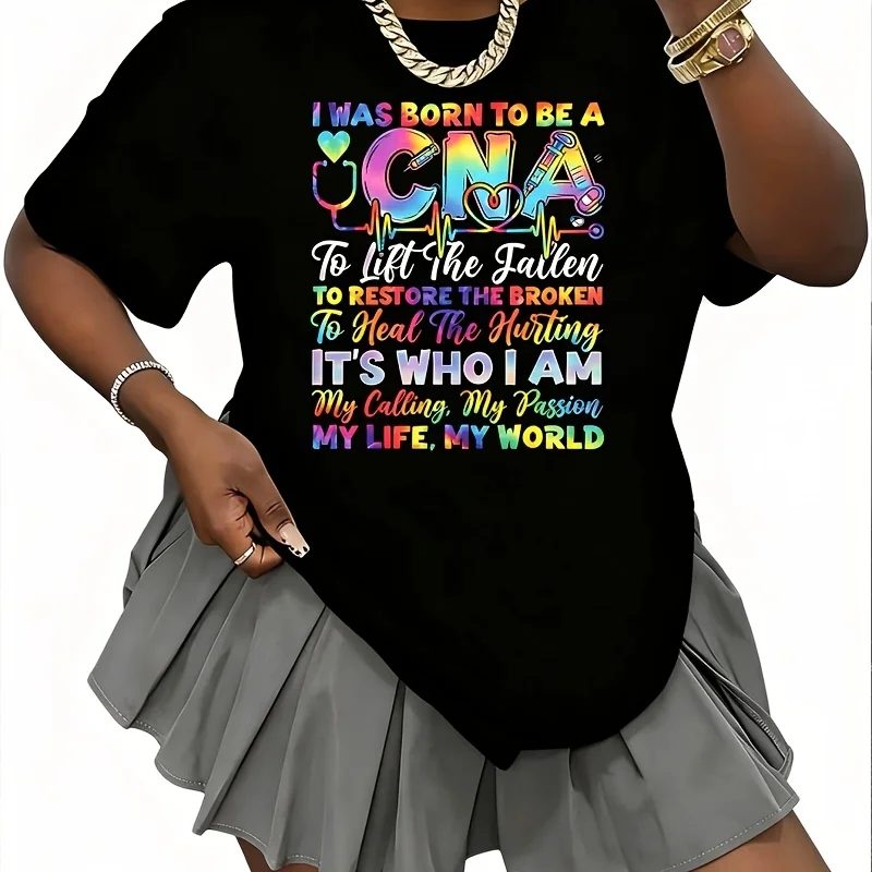 With Inspirational Cna Graphics (“Born to Be a Cna”, Healing Symbols) Women's 100% Cotton T-Shirt Fun Print Short Sleeve Top Casual Round Neck Tee S-5Xl