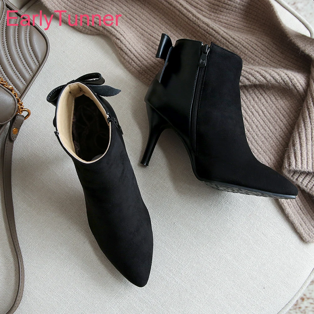 

Новые зимние милые черные, бежевые женские ботильоны с острым носком на высоком тонком каблуке, женская обувь для вечеринок, большие размеры 12, 32 43 46 48