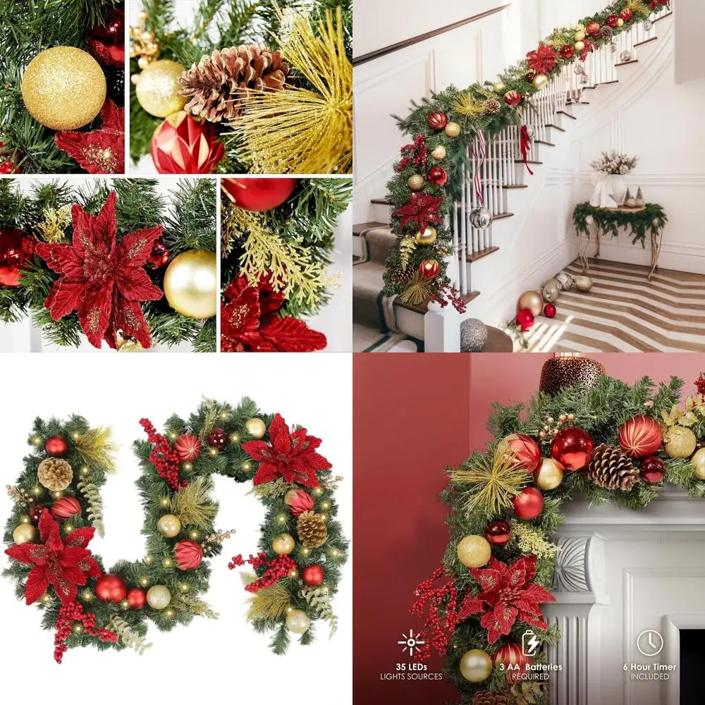 

Красная и золотая светодиодная рождественская гирлянда на 6 футов на батарейках с 35 лампами для праздничного декора в помещении и на открытом воздухе