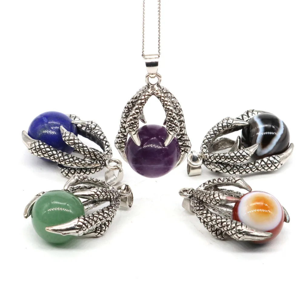Natural Pink Quartz Amethyst Tiger Eye Round Bead Ball Dragon Claw Hold Pendants For Women Men Jewelry Necklace Gifts Wholesale