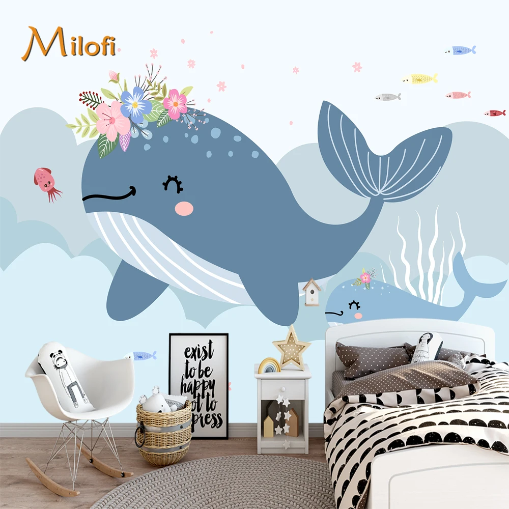 

Milofi customizes Nordic style hand-painted cartoon whale underwater children's room indoor background wall mural wallpaper