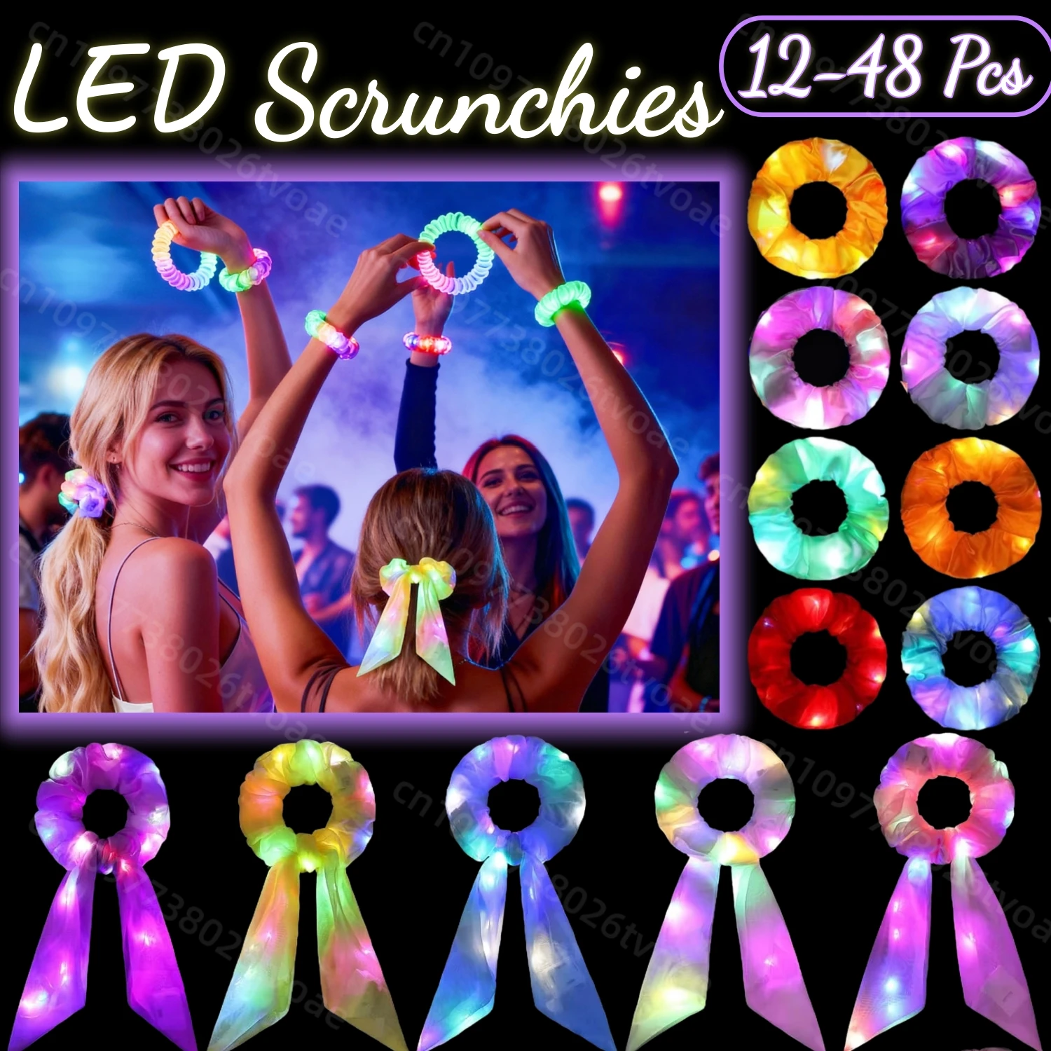 

12-48Pcs LED Scrunchies Light Up Scrunchies Bulk Glow Scrunchie Neon Scrunchies Light Up Hair Accessories for Women Girls Party