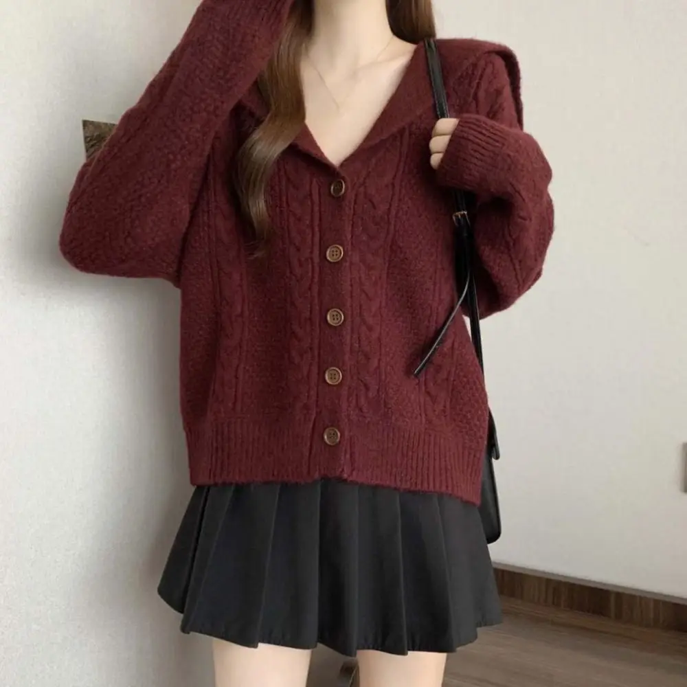 

Elegant Flip Collar Grid Crochet Sweater Long Sleeve Loose Cardigans Women Y2K Preppy Style Ladies Tops Slim Crop Coats Women