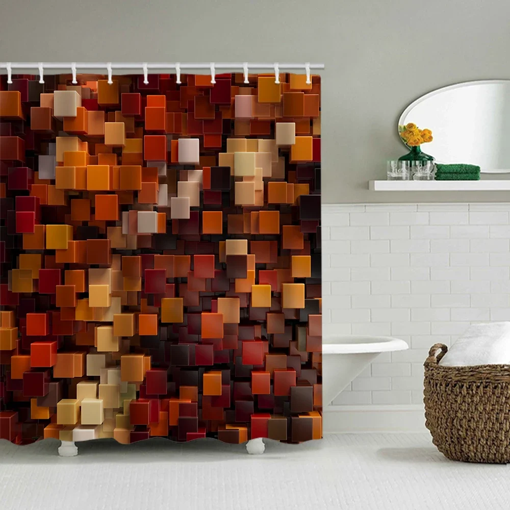 1/4 Geometric Blocks shower Curtains, Toilet Seat Decoration, Shower Curtain with Carpet and Toilet Lid, 12 70.8x70.8 inch Hooks