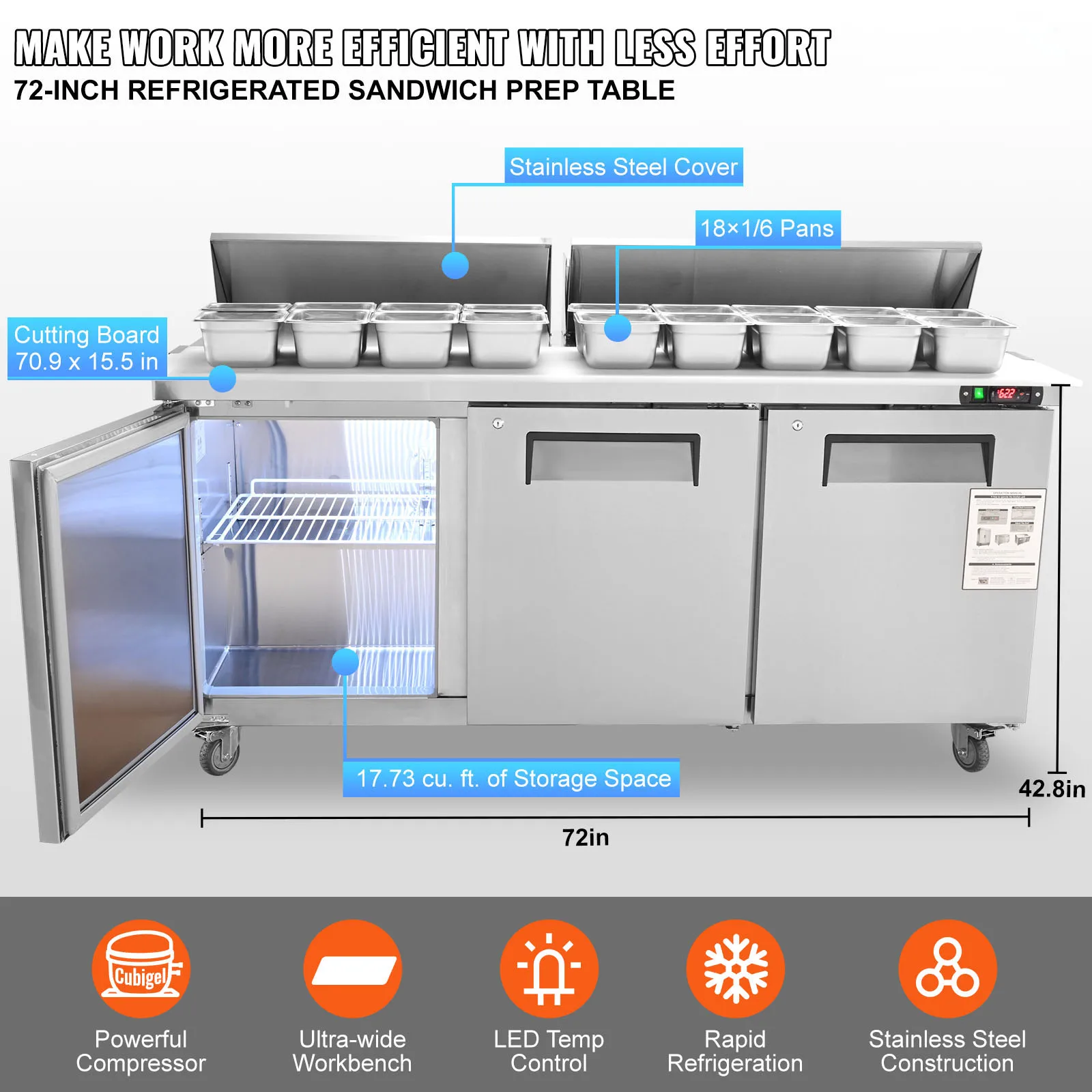 SucceBuy 샌드위치 및 샐러드 준비 테이블17.73 CuFt 스테인레스 스틸 냉장 식품 준비 스테이션(레스토랑용 팬컷 18개 포함)