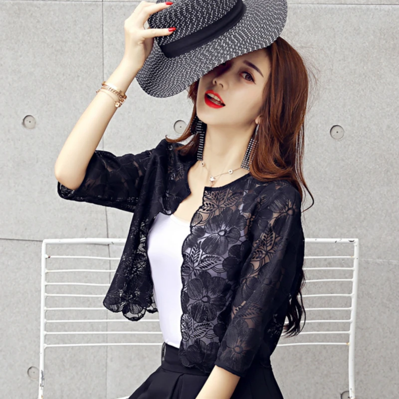 Lace Tops Women 2024 Summer Short White Cardigan Feminino Sunscreen Blouse Elegant O-neck Hollow Out Women's Shirt