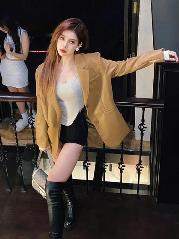 

American Style Retro Mermaid Style Leather Jacket Women's Autumn High-End Feelings Suit Top Long Sleeve Regular Length