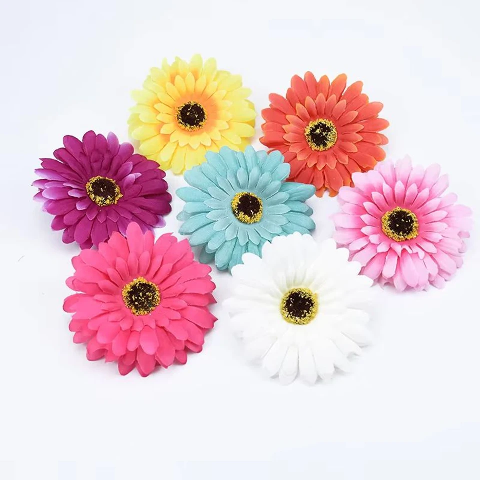 

100Pcs 10Cms Artificial Flowers for Home Wedding Diy Gifts Garland Fake Plants Daisy Plastic Silks Gerbera Featival Decorations