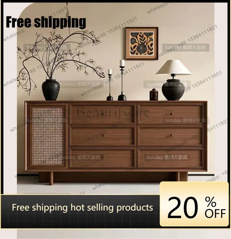 Factory Direct vintage walnut color woven rattan design sideboard with wall-side cabinet in the master bedroom