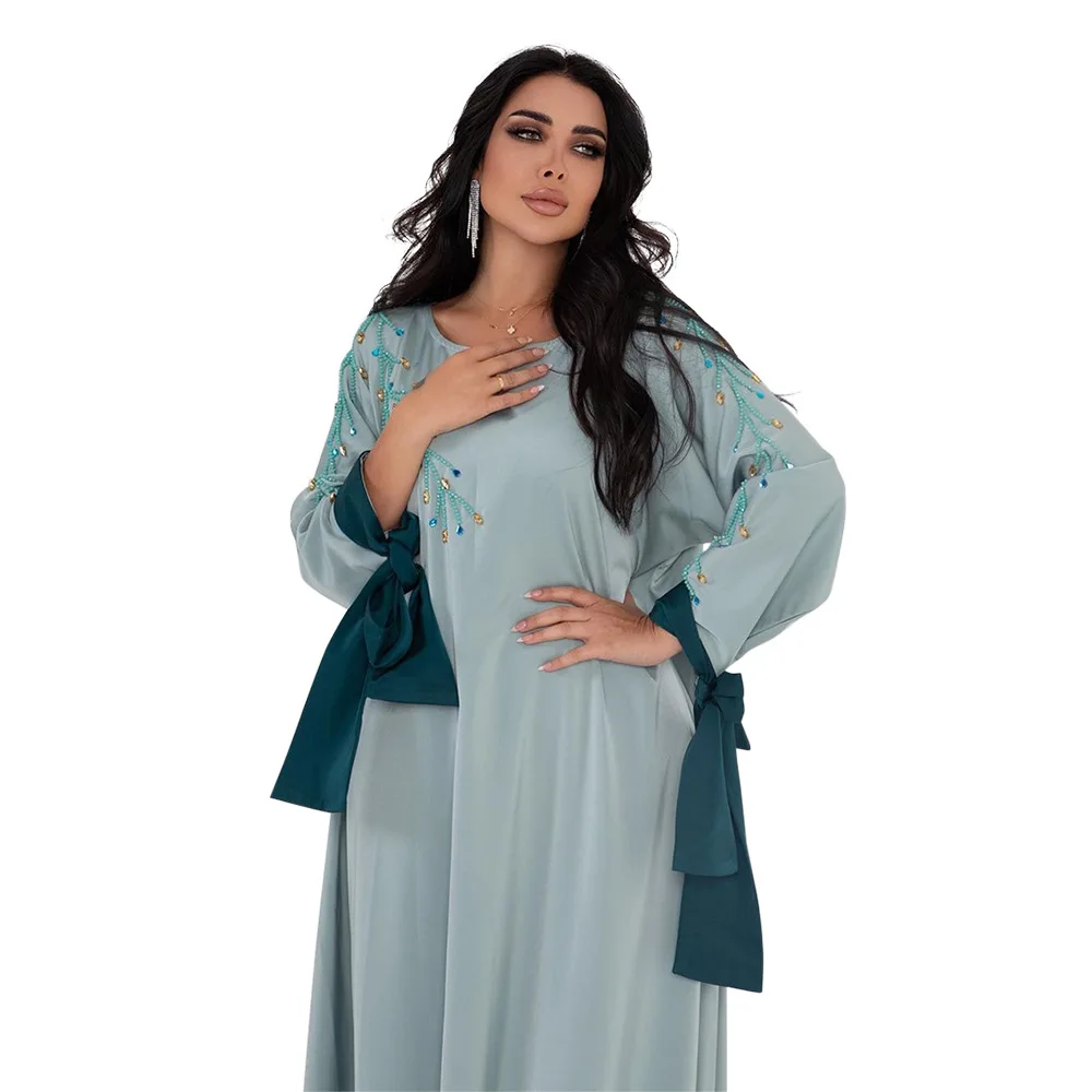 Vestido largo suelto para mujer, moda árabe de Oriente Medio de Dubái, bata Abaya de satén con contraste de Color de diamante caliente