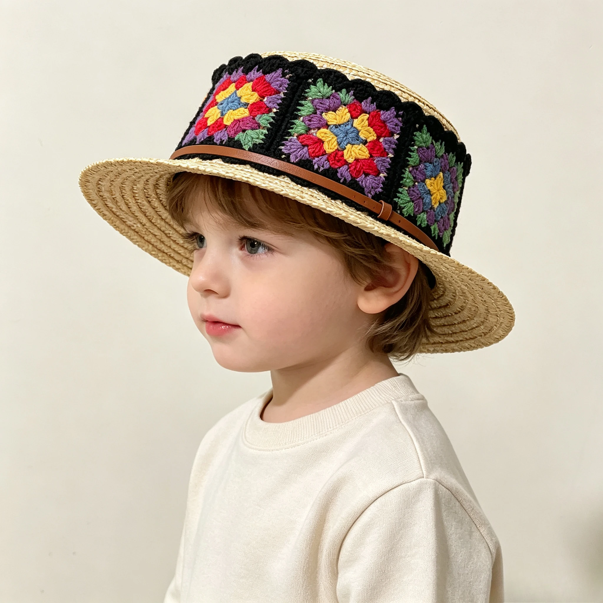 Kinder-Strohsonnenhut im Boho-INS-Stil aus Weizenstroh mit flachem Oberteil für Urlaub, Strand und Sonnenschutz im Sommer. – Detail 3