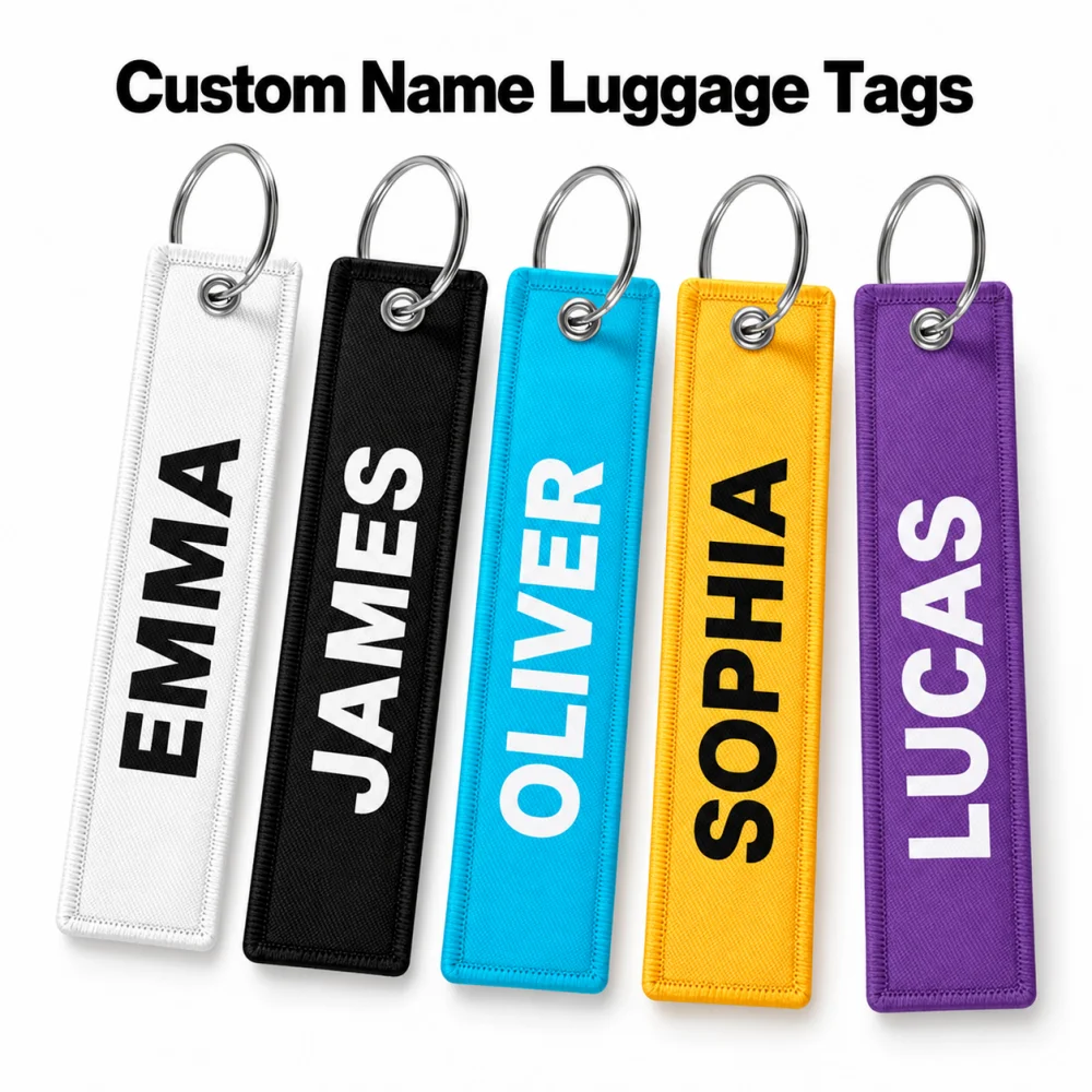 1Pc Personalized Custom Name/Text Luggage Tag Fabric Bag Label with Metal Key Ring for Suitcase Backpack Travel Accessories Gift