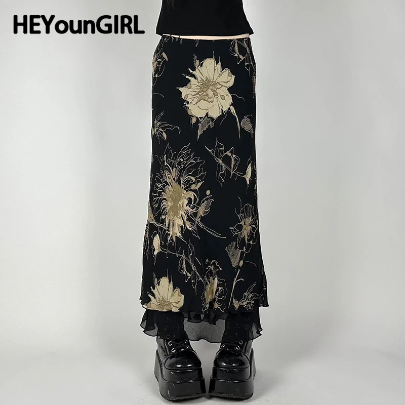 HEYounGIRL Vintage Print Black Mesh Skirt Women Elegant Grunge Low Waisted Long Skirt High Street Y2K Slim Outfits Aesthetic