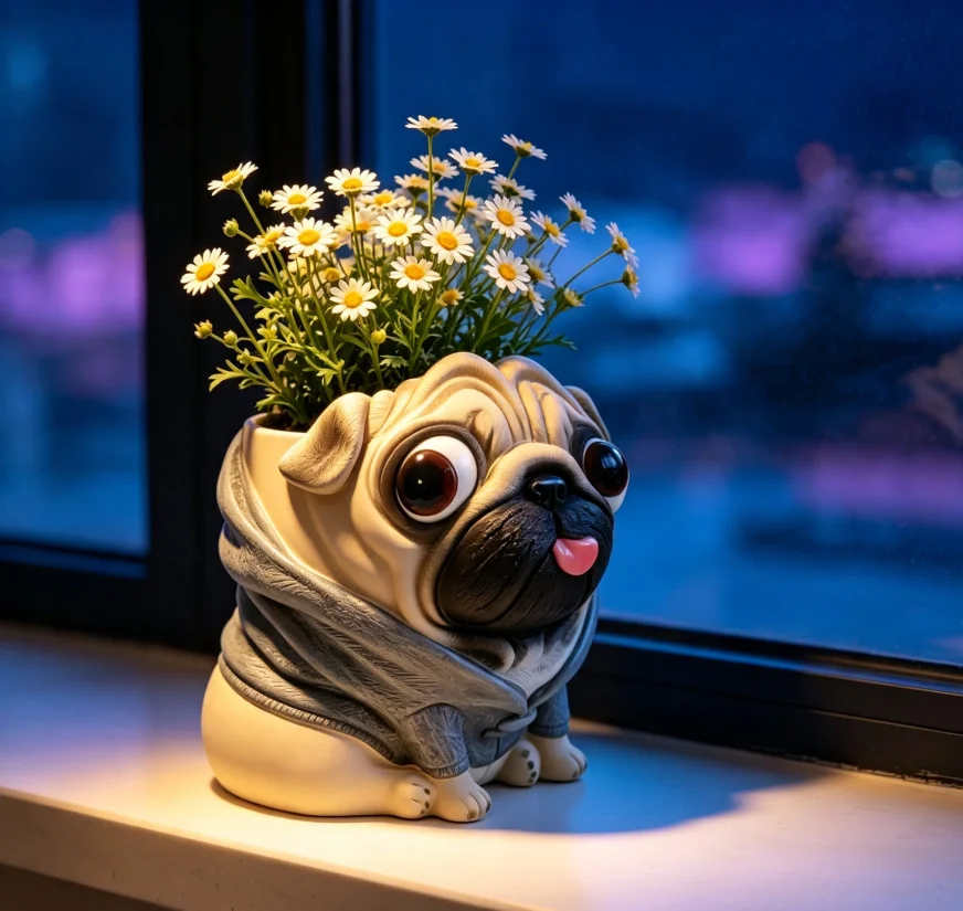 Cartoon Pug Shaped Small Succulent Plant Pot Resin Dog Cactus Flower Container Adorable Desktop Decor Ornament For Living Room