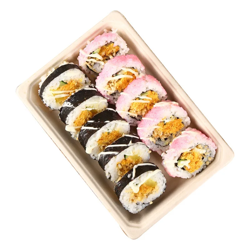 50pcs Sushi Box Disposable Takeaway Packaging Tool Environmentally Friendly Degradable Rectangle Japanese Tray Wheat Color