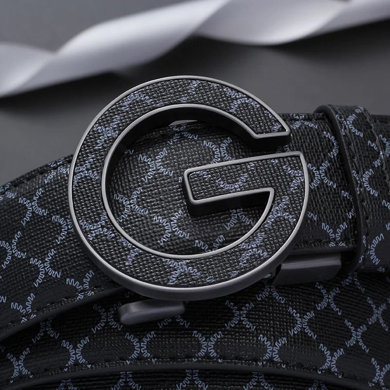 Fashion Men Auto Buckle Belt Rhombus Print PU Leather Waistband Circular Metal Buckle Business Casual Male Belt For Daily Wear