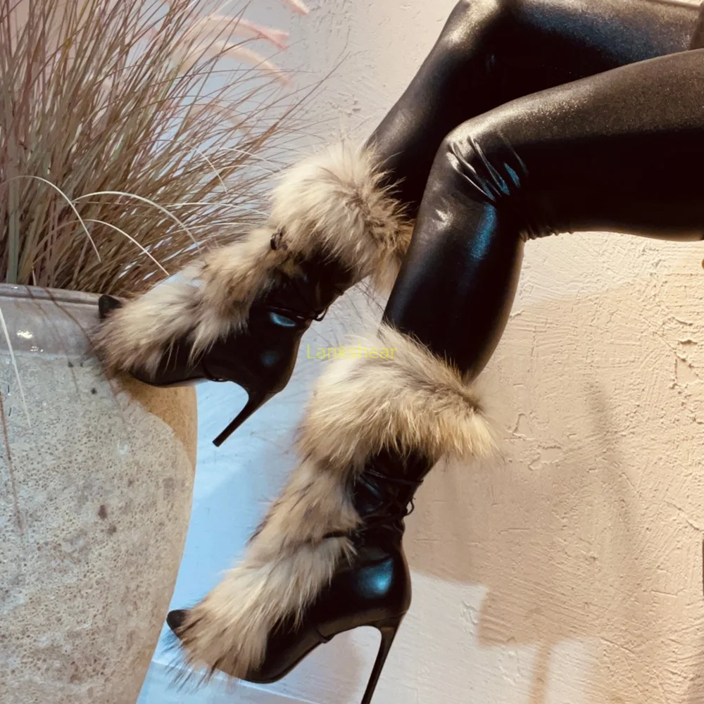 

Fur Thin Heel Cross Tied Ankle Boots Sexy Pointed Toe Geunine Leather New Arrivals Fashion Women Runway Boots