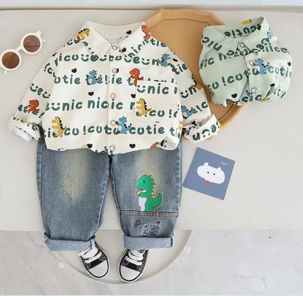 Ensemble de Tenues de Styliste pour Bébé Garçon, Style Coréen, Dessin Animé, Lettre Dinosaure, Chemises à Manches sulfet Jeans, Survêtement pour Enfant