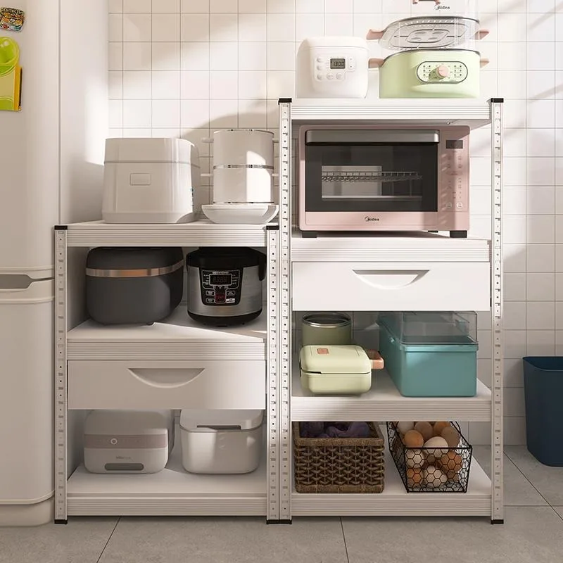 White kitchen floor-to-ceiling drawer microwave oven rack