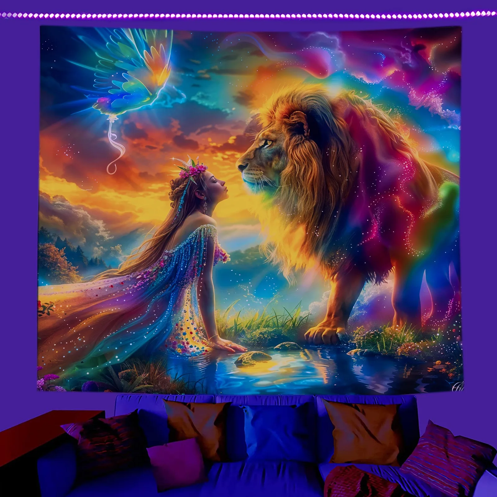 

UV Fluorescent Tapestry Trippy Tree of Life Lion Butterfly Peach Skin Wall Hanging Blacklight Aesthetic Bedroom Decor