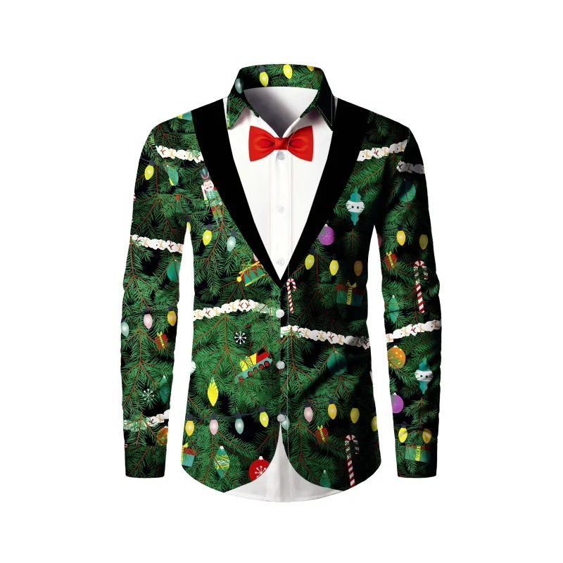 

Christmas Theme Men's Fake Suit Tailcoat Printed Formal Shirts Christmas Graphics Long Sleeve Shirt Fashion Men's Shirts For Men