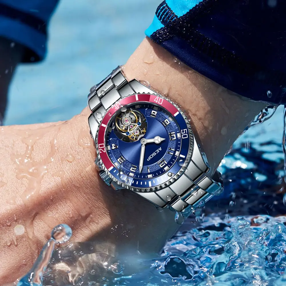 Jam Tangan Lelaki AESOP Tourbillon Mechanical Watch - Submariner Style 316L Steel Rotating Bezel Waterproof Luxury Diver Watch