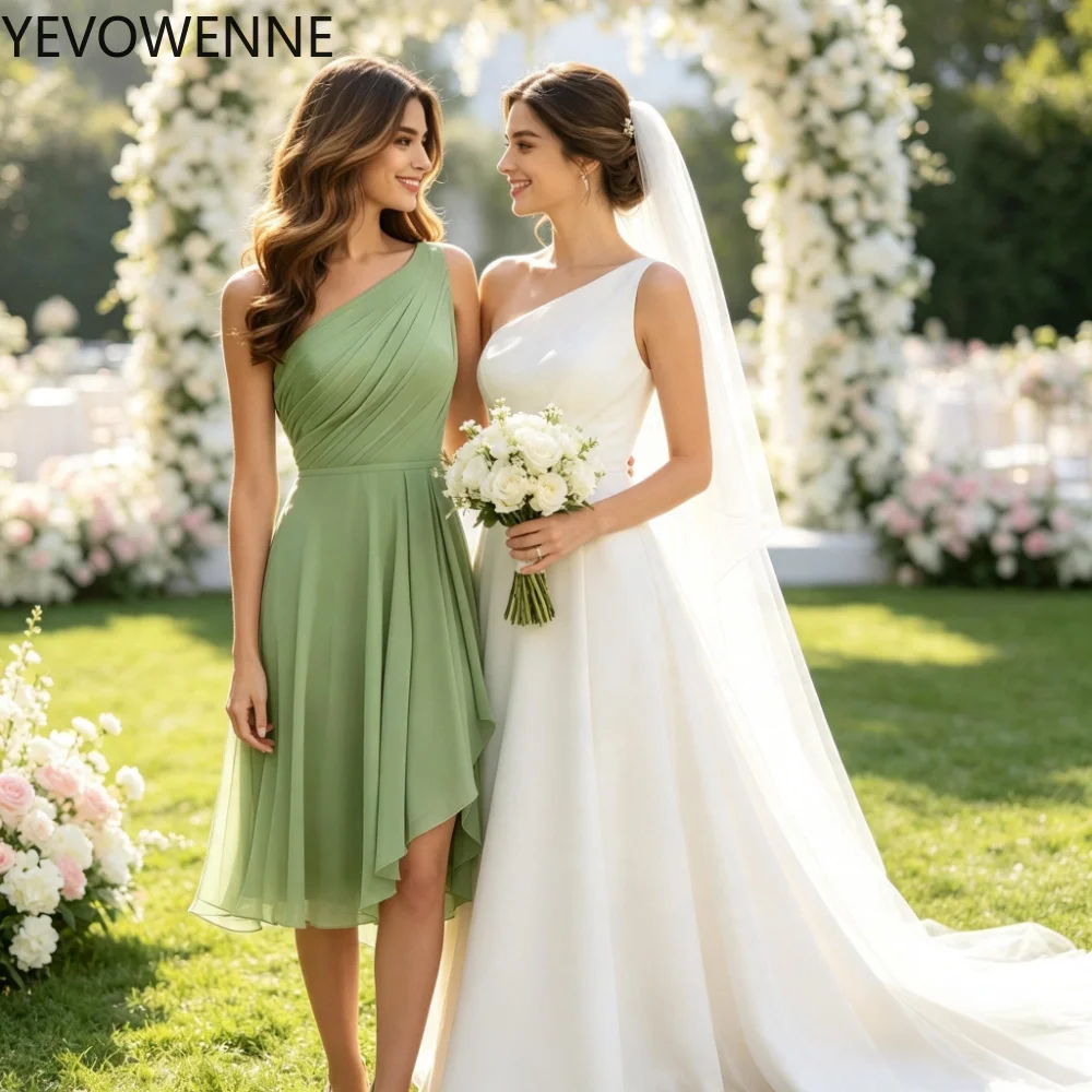 One Shoulder Chiffon Bridesmaid Dresses Ruched Elegant Wedding Guest Dress A Line Sweet Midi  Vestido De Dia Para Boda