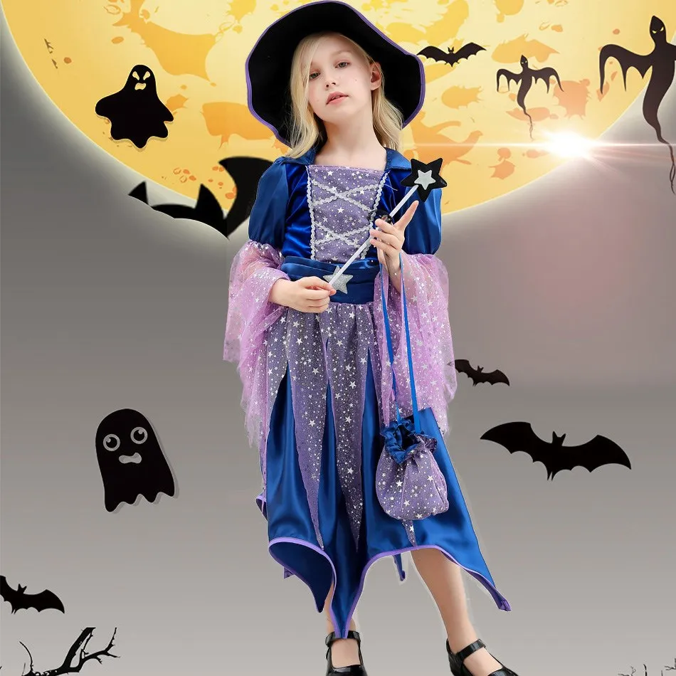 

Girl Witch Princess Dress Kids Halloween Costume Girls Princess Cosplay Vampire Kids Carvinal Party Vestidos With Hat Wand Bag